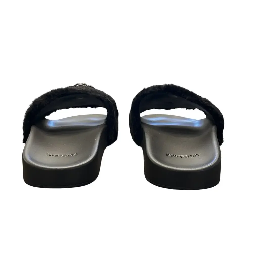 VERSACE NIB La Medusa Medusa Black Faux Fur Rubber Pool Slides Sandals 39.5